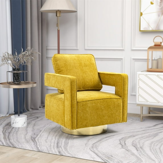 Swivel Accent Chair,Modern Comfy Sofa Chair With Gold Stainless Steel Base and Thick Cushion,Leisure Arm Chair with Soft Back for Nursery Bedroom Living Room Hotel Office, Mustard