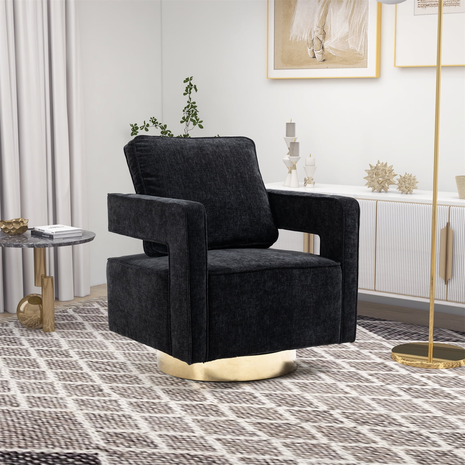 Swivel Accent Chair, Modern Swivel Accent Open Back Chair with Gold