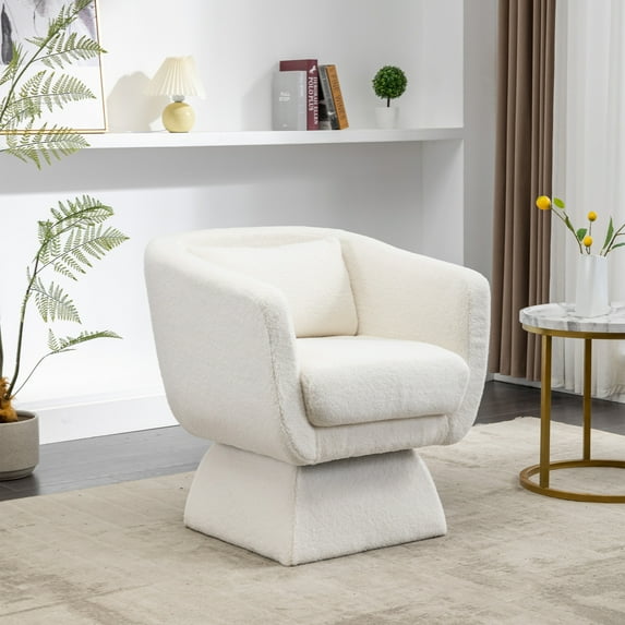 Swivel Accent Chair, Modern Teddy Fabric Leisure Armchair with Square Base and Thick Seat Cushion, 360 Degree Club Chair Comfy Single Sofa Chair for Living Room, Bedroom, Office, Ivory