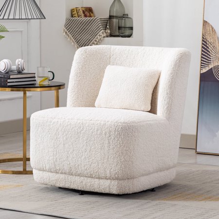 Swivel Accent Chair, Modern Teddy Fabric Upholstered 360Â°Swivel Barrel Chair Leisure Chair, Comfy Single Sofa Chair with Pillow, Reading Chair for Living Room Bedroom Office Lounge, White