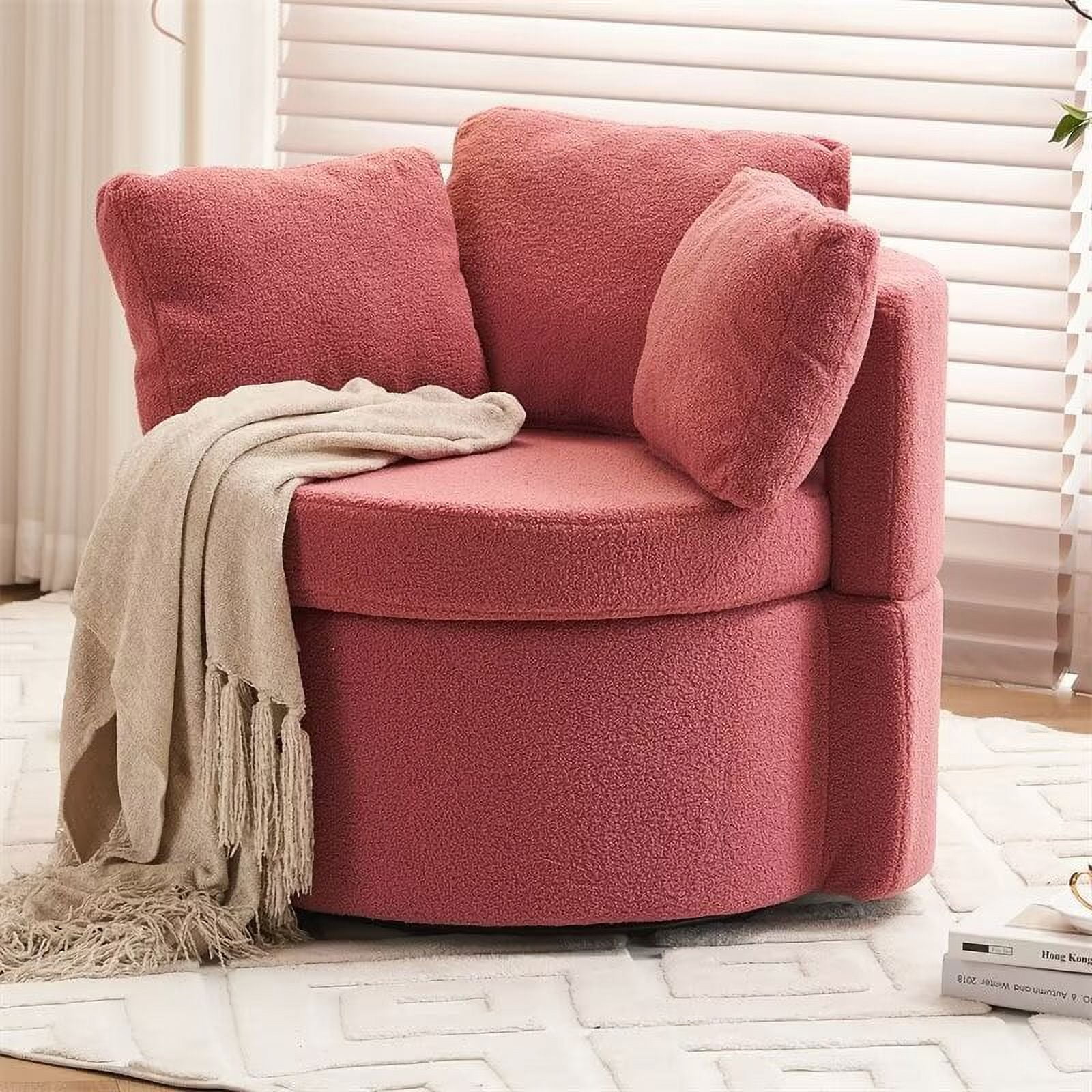 Swivel Upholstered Accent Chair Round Storage Armchair with 3 Throw Pillows Sherpa Teddy Chair for Living Room Bedroom Shopping Mall Hallway Coffee Shop Dark Pink Walmart