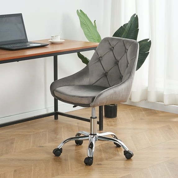 Swivel Accent Chair, Modern Velvet Fabric Vanity Chair, Comfy Upholstered Leisure Arm Chair with Soft Backrest, Home Height Adjustable Office Chair for Bedroom, Living Room, Gray, D4373