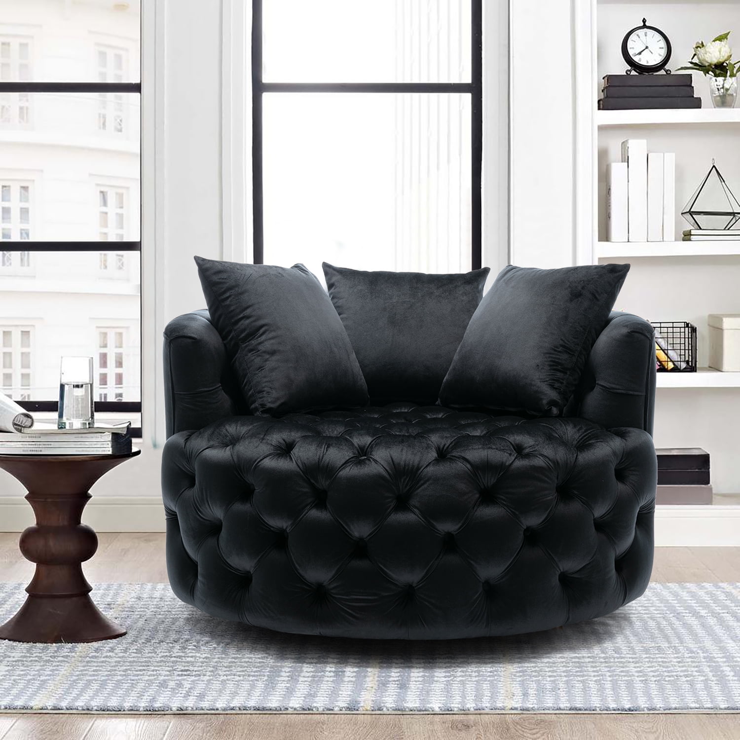 Swivel Accent Chair Modern Velvet Upholstered Barrel Chair Round Oversized Accent Chair with 3 Pillows Leisure Sofa Chair for Living Room Bedroom