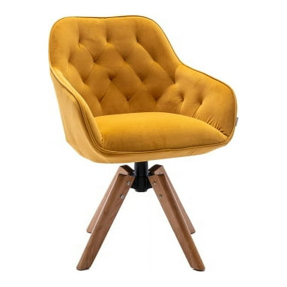 Swivel Accent Chair No Wheels, Modern Upholstered Tufted Back Home Office Chair with Sturdy Oak Wood Legs, Mid Century Modern Comfy Lounge Chair Dining Chair for Small Space Living Room, Musterd