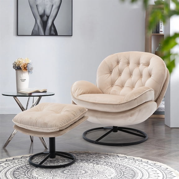 Swivel Accent Chair with Ottoman, Modern Velvet Lounge Chair and Ottoman Set, Home TV Reading Chair Office Armchair Chair with Footrest, Metal Base Frame for Living Room Bedroom, Beige