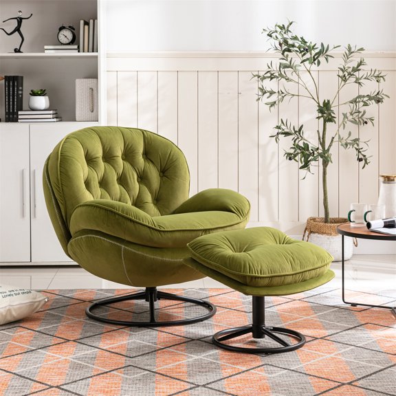 Swivel Accent Chair with Ottoman, Modern Velvet Lounge Chair with Footrest, Button Tufted Leisure Single Sofa Chair with 360 Degree Metal Base for Reading/Living Room/Bedroom, Fruit Green