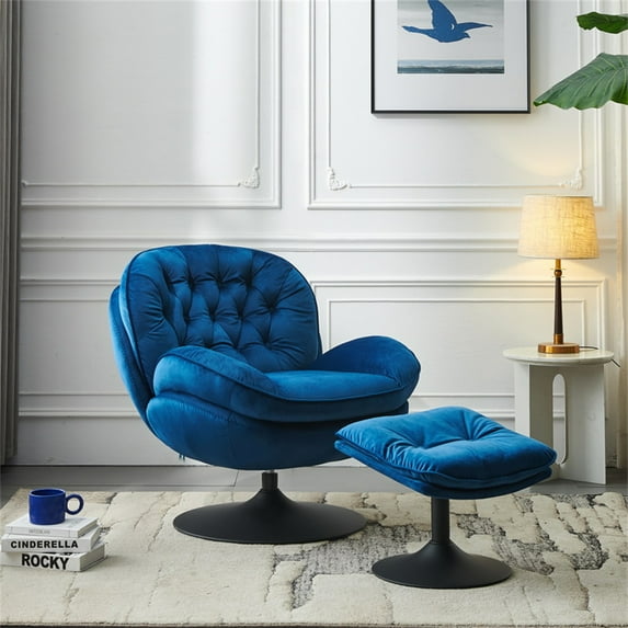 Swivel Accent Chair with Ottoman, Modern Velvet Tufted Armchair Lounge Chair with Footrest & Metal Base, Comfy Upholstered Single Sofa Chair Leisure Chair with 360 Degree Swiveling for Bedroom, Blue