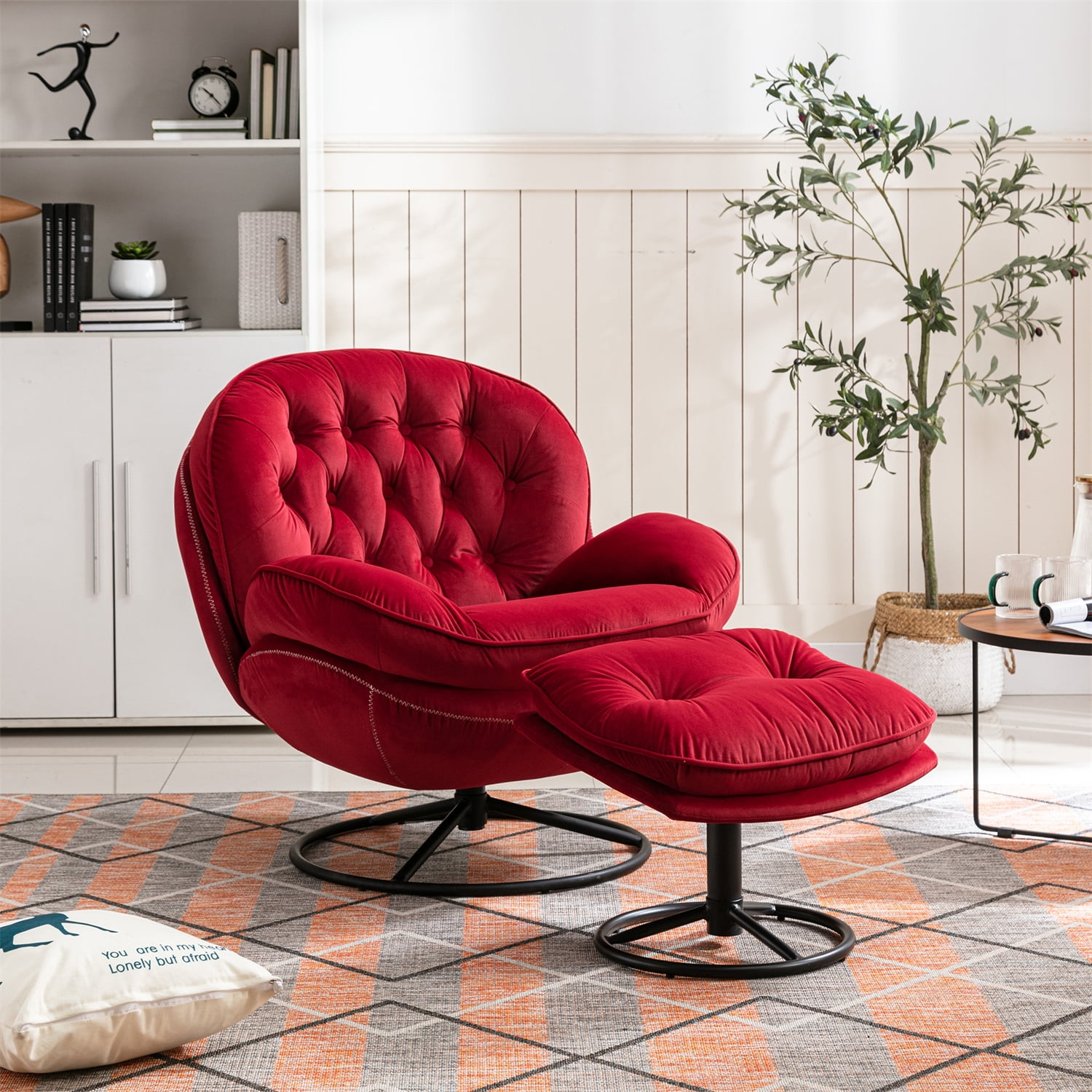 Swivel Accent Chair with Ottoman, Modern Velvet Upholstered Lounge Sofa