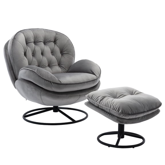 Swivel Accent Chair with Ottoman, Velvet Accent chair with Footrest, Mid-Century Modern Lounge Chair and Ottoman Set, Reading Chair for Living Room, Bedroom, Reading Room, Home Office, Gray