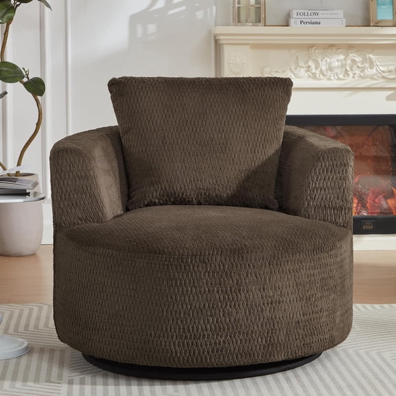 ODUWA Art Deco Faux Fur Barrel Back Swivel and Deep Seat Accent Chair with Pillows, Brown