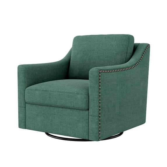 Swivel Accent Chair, Paproos Linen Upholstered Armchair, 31’’Wide 360 Degree Swivel Barrel Chair with Cushions & Nailhead Trim, Comfy Reading Chair Club Sofa Chair for Living Room Bedroom, Green