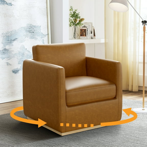 Swivel Accent Chair, Premium Barrel Chair for Living Room, Comfy Single Sofa Chair, Round Swivel Couch Chair, Small Reading Chair for Adults, Accent Bucket Chairs for Bedroom, Leather Brown
