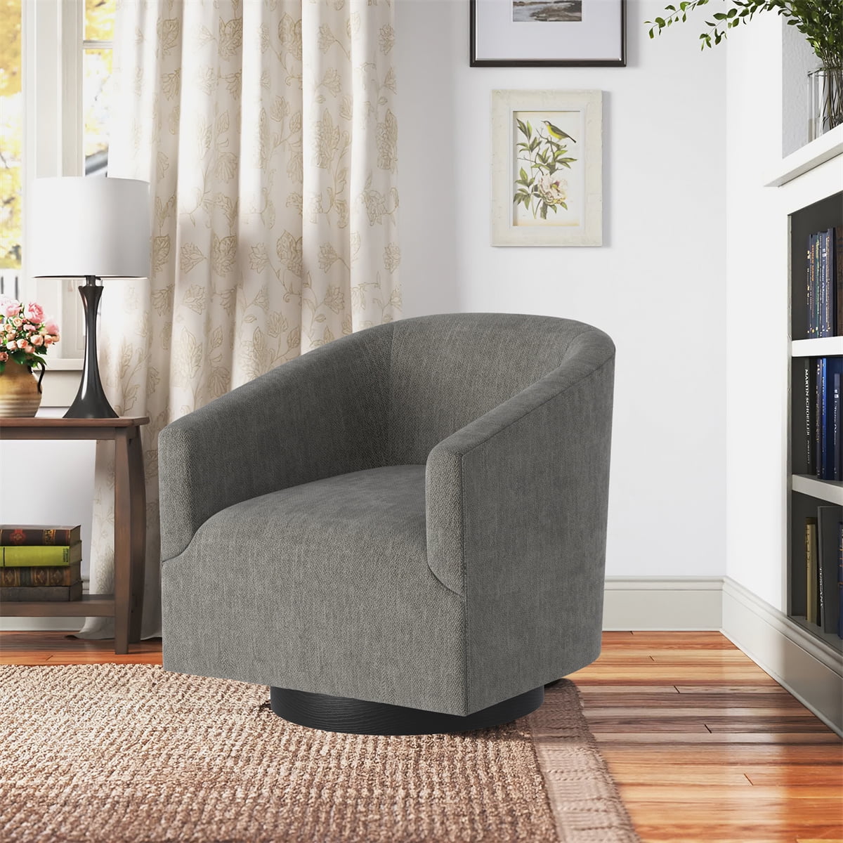 Swivel Accent Chair, Round Barrel Chiar with Wood Base, Upholstered Armchair Sofa Chair with ...