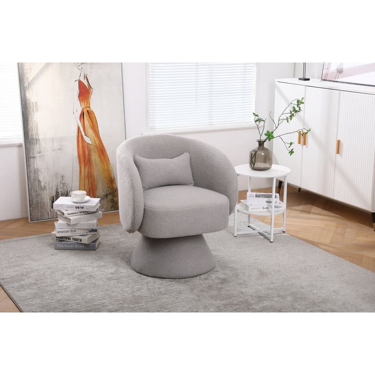 Swivel Accent Chair, Round Teddy Fabric Swivel Barrel Chair with
