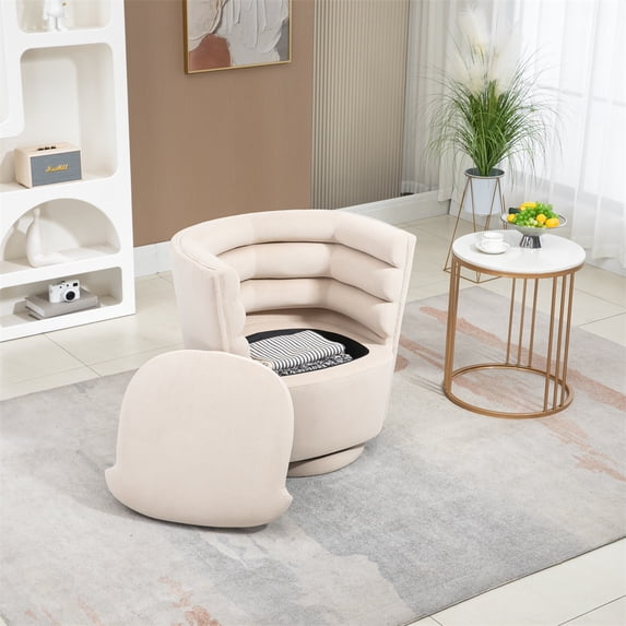 Swivel Accent Chair with Storage, Velevt Upholstered Single Sofa Chair with Soft Embraces Backrest, Multifunctional Living Room Chairs for Reading Room, Bedroom, Office, Beige