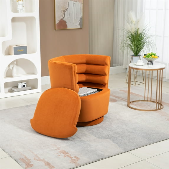 Swivel Accent Chair with Storage, Velevt Upholstered Single Sofa Chair with Soft Embraces Backrest, Multifunctional Living Room Chairs for Reading Room, Bedroom, Office, Orange