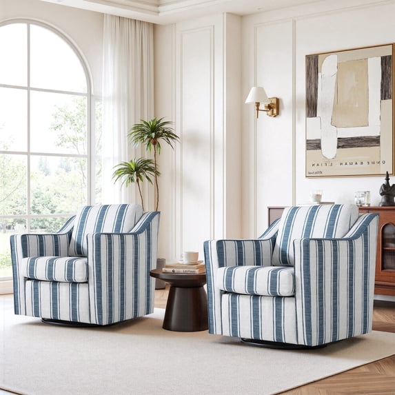 Swivel Accent Chair, Swivel Barrel Chair, Upholstered Comfy 360 Degree Swivel Club Chair for Living Room/Bedroom/Waiting Room/Office(Linen Stripe Navy, Set of 2)