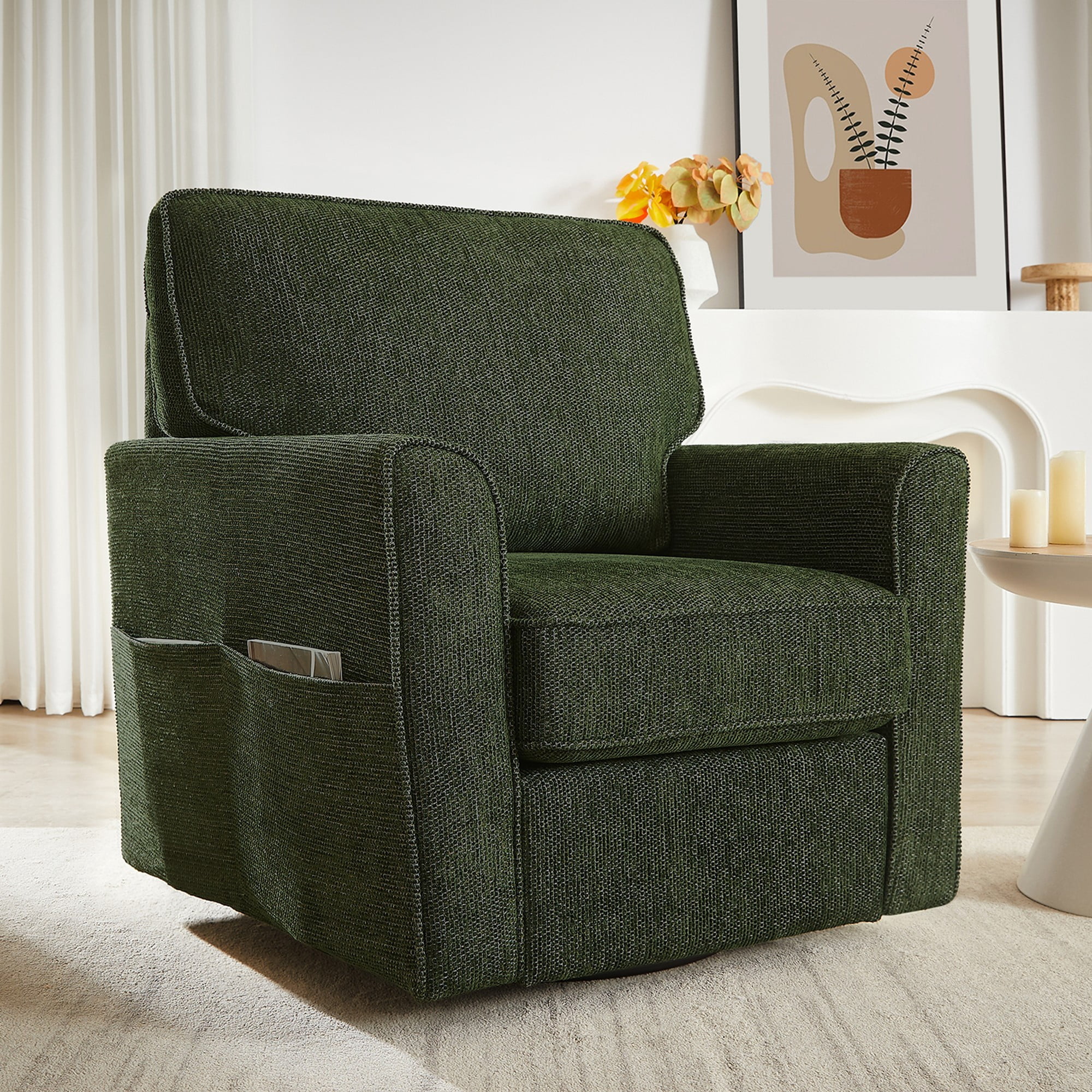 Swivel Accent Chair Swivel Sofa Chair with Side Pockets,Barrel Armchair for Living Room, Bedroom, Office,Green