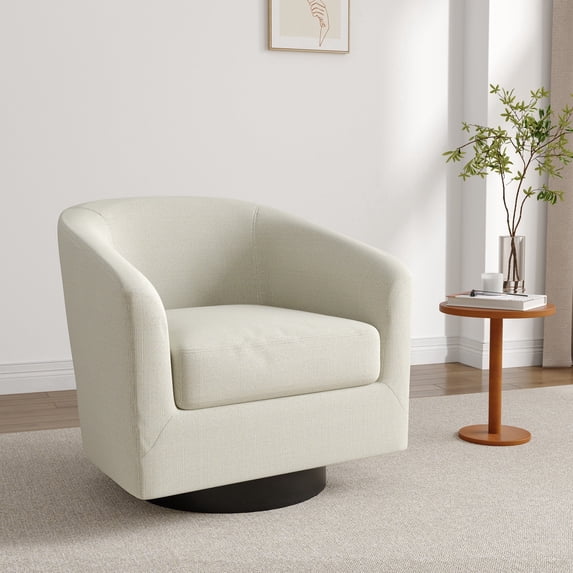 Swivel Accent Chair White Barrel Chair for Living Room, Modern Upholstered Round Swivel Arm Chair-Beige