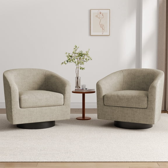Swivel Accent Chair for Living Room Barrel Club Chair Sets of 2, Modern Upholstered Barrel Swivel Arm Chair-Light Brown
