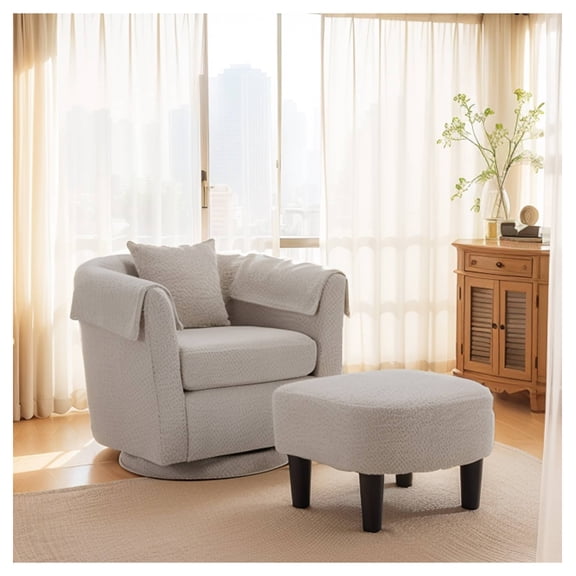 Swivel Accent Chair with Ottoman Set, Modern Chenille Armchair with Removable Back Pillow & 2 Armrest Covers for Living Room, Bedroom, Office, Gray