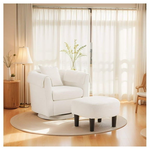 Swivel Accent Chair with Ottoman Set, Modern Chenille Armchair with Removable Back Pillow & 2 Armrest Covers for Living Room, Bedroom, Office, White