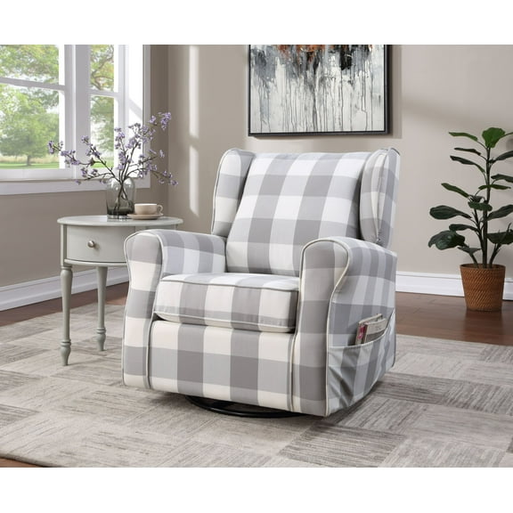 Swivel Accent Chairs, Fabric Swivel Chair with Wide Seat, Single Sofa with Small Side Pocket on Armrest for Nursery, Living Room, Gray+White