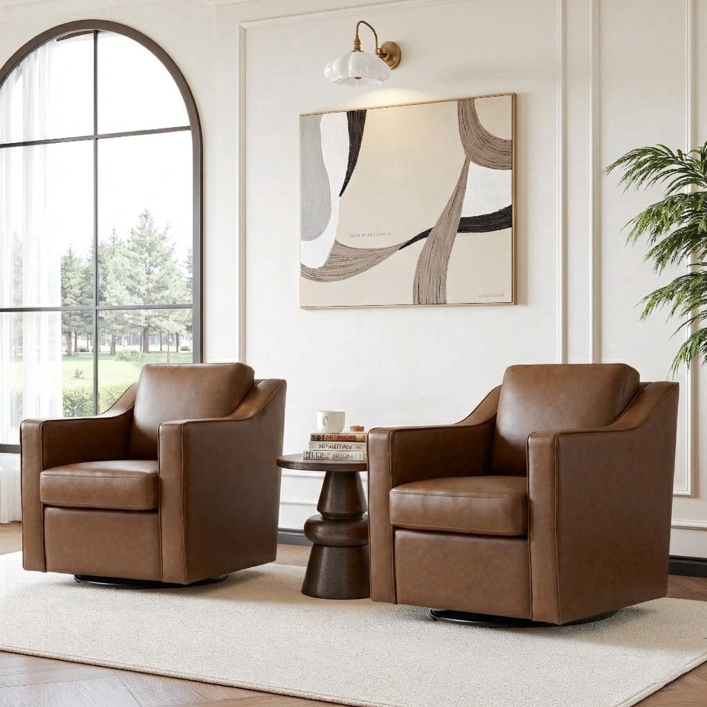 UIXE Swivel Accent Chairs Set of 2, 360° Swivel Upholstered Faux Leather Club Armchairs for Living Room, Comfy Single Sofa Reading Chair with Deep Seat, Metal Swivel Base, Coffee