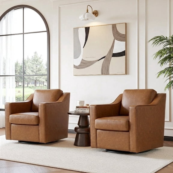 UIXE Swivel Accent Chairs Set of 2, 360° Swivel Upholstered Faux Leather Club Armchairs for Living Room, Comfy Single Sofa Reading Chair with Deep Seat, Metal Swivel Base, Brown