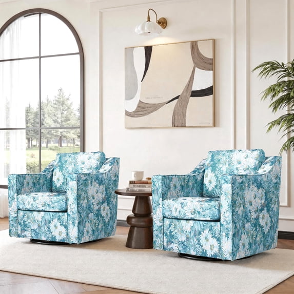 Swivel Accent Chairs Set of 2, Comfy Swivel Chair with Deep Seat, Upholstered Club Armchair with 360 Degree Rotation Base, Single Sofa Reading Chair for Living Room Bedroom, Cyan Blooms