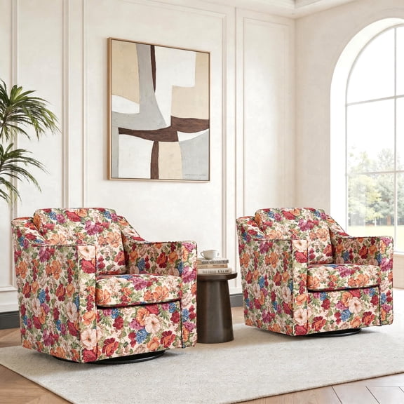 UIXE Swivel Accent Chairs Set of 2, Comfy Swivel Chair with Deep Seat, Upholstered Club Armchair with 360 Degree Rotation Base, Single Sofa Reading Chair for Living Room Bedroom, Beige Floral