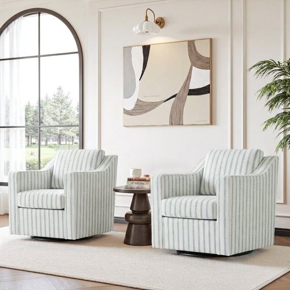 Swivel Accent Chairs Set of 2, Comfy Swivel Chair with Deep Seat, Upholstered Club Armchair with 360 Degree Rotation Base, Single Sofa Reading Chair for Living Room, Pinstripe Light Blue