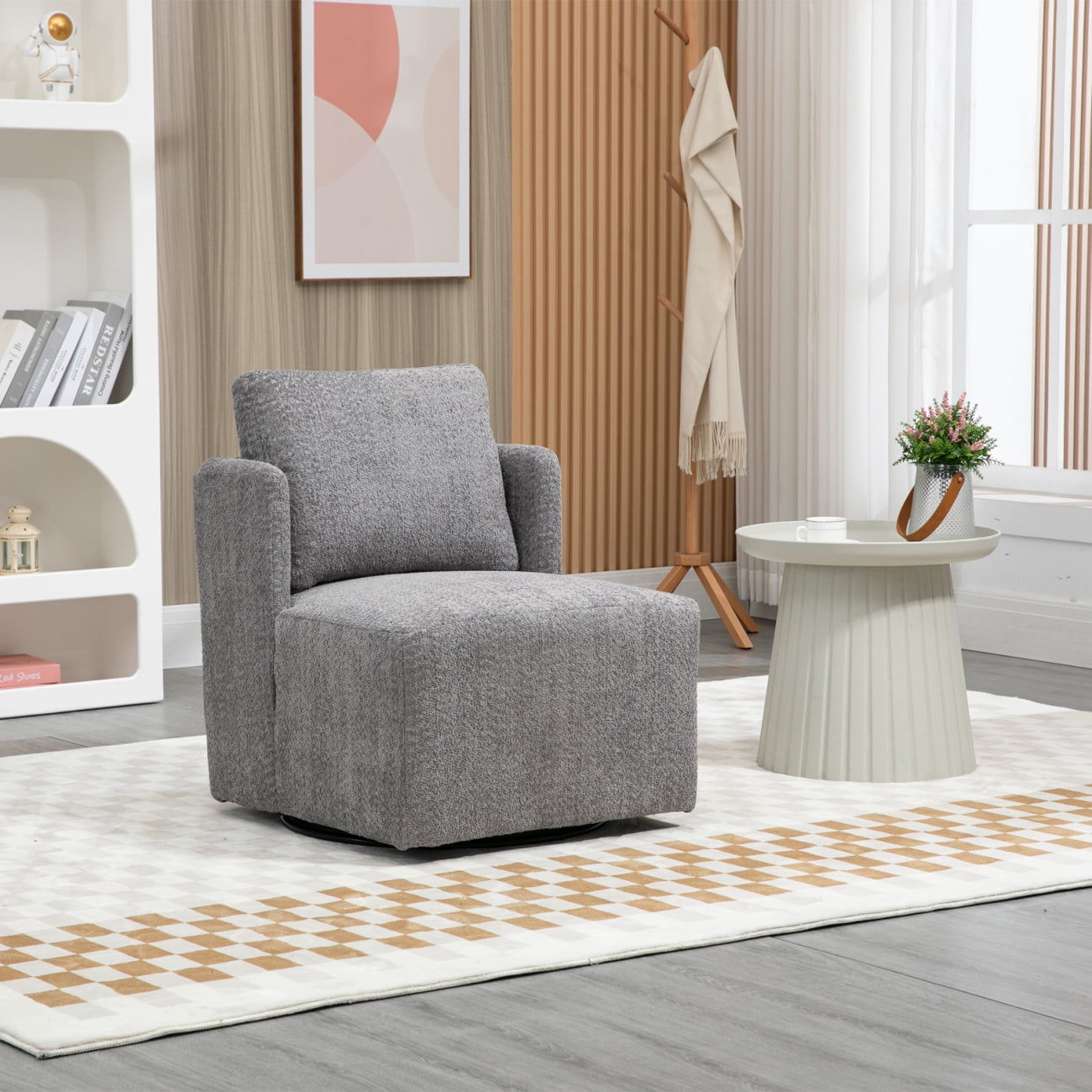 Swivel Accent Sofa Chair, Round Barrel Reading Chair Armchair in Boucle