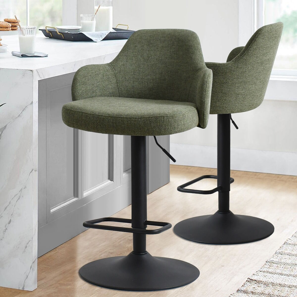 Olive Green Adjustable Swivel Bar Stools with Arms, Set of 2