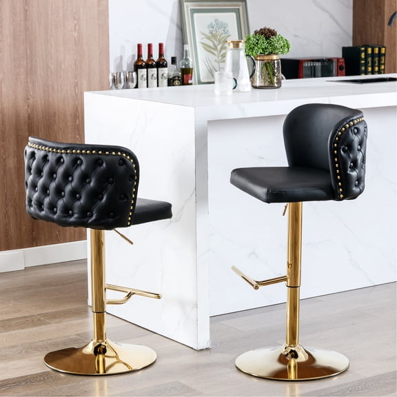 Swivel With Adjustable Seat Height - Modern Pu Upholstered, Back For Home Pub, Kitchen Island (two Black Stools Upholstered Seat, Pub And ( Of 2 Units