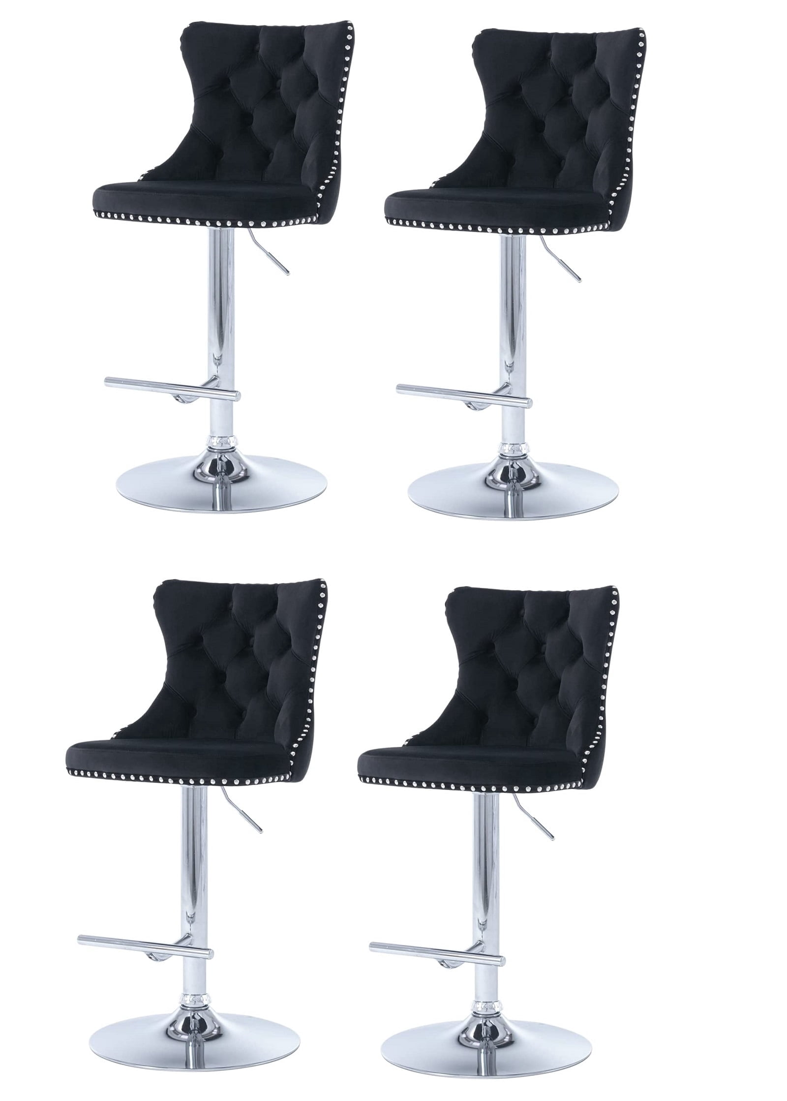 Swivel Bar Chairs Height Adjustable Upholstered Velvet Bar Stools Chrome base with Tufted Back for Home Pub and Kitchen Island Dining Room(Black,Set of 4)