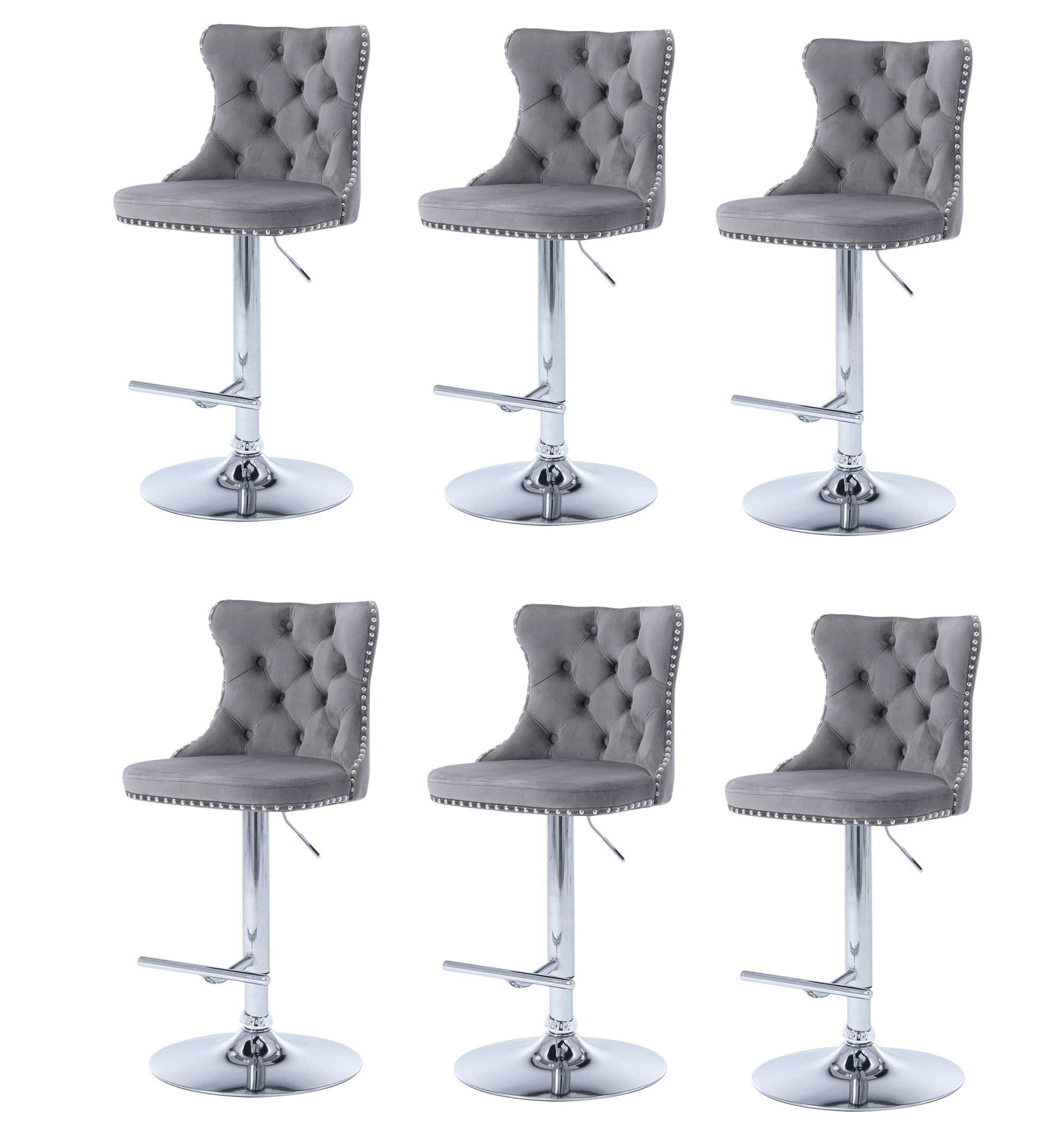 Swivel Bar Chairs Height Adjustable Upholstered Velvet Bar Stools Chrome base with Tufted Back for Home Pub and Kitchen Island Dining Room(Gray,Set of 6)