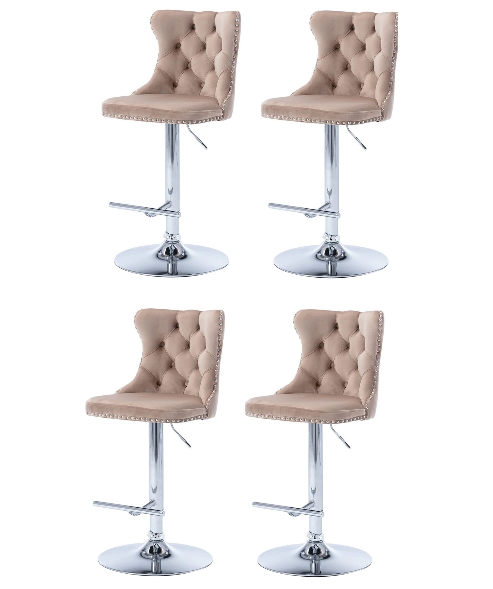 Swivel Bar Chairs Height Adjustable Upholstered Velvet Bar Stools Chrome base with Tufted Back for Home Pub and Kitchen Island Dining Room(Khaki,Set of 4)