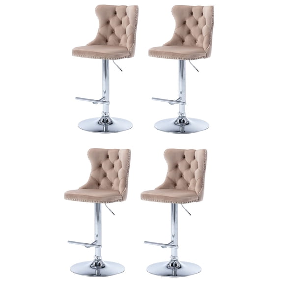 Swivel Bar Chairs Height Adjustable Upholstered Velvet Bar Stools Chrome base with Tufted Back for Home Pub and Kitchen Island Dining Room(Khaki,Set of 4)