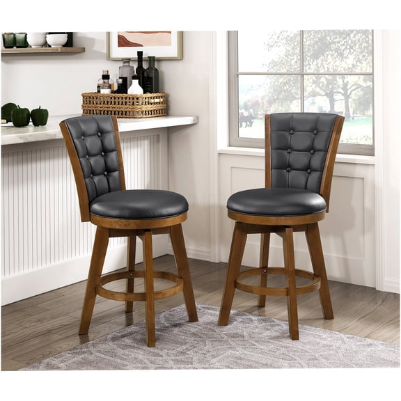 Swivel Bar Chairs Set of 2, Counter Height Upholstered Stools with Button Tufted Back for Kitchen Island, Chestnut