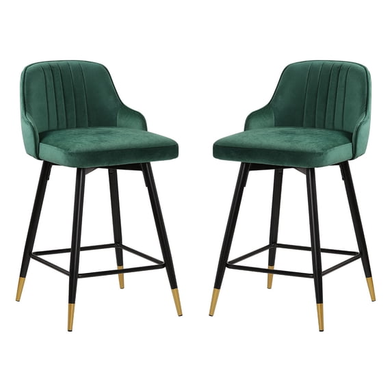 Swivel Bar Stool with Low Back Set of 2, 26 Inch Counter Bar Height Stool Velvet Upholstered Armless Heavy Duty Bar Chair for Kitchen Island Dining Room, Green