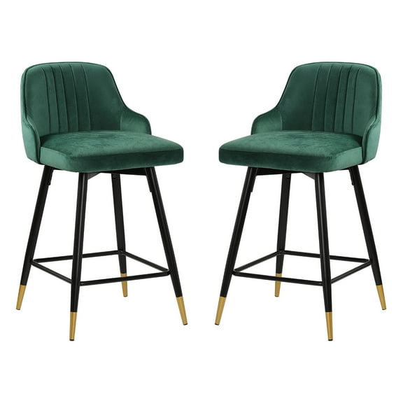 Swivel Bar Stool with Low Back Set of 2, 26 Inch Counter Bar Height Stool Velvet Upholstered Armless Heavy Duty Bar Chair for Kitchen Island Dining Room, Green