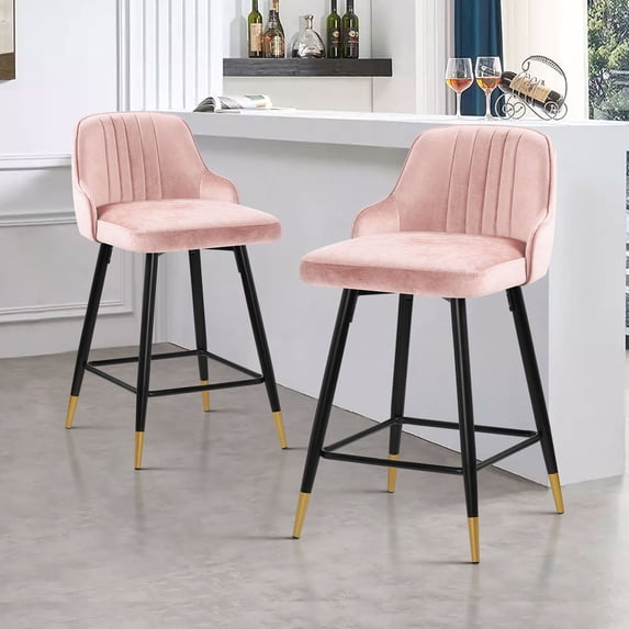Swivel Bar Stool with Low Back Set of 2, 26 Inch Counter Bar Height Stool Velvet Upholstered Armless Heavy Duty Bar Chair for Kitchen Island Dining Room, Pink
