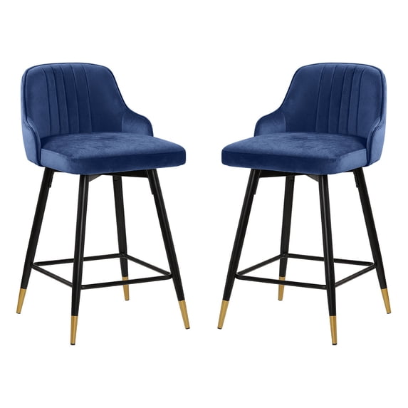 Swivel Bar Stool with Low Back Set of 2, 29 Inch Counter Bar Height Stool Velvet Upholstered Armless Heavy Duty Bar Chair for Kitchen Island Dining Room, Blue
