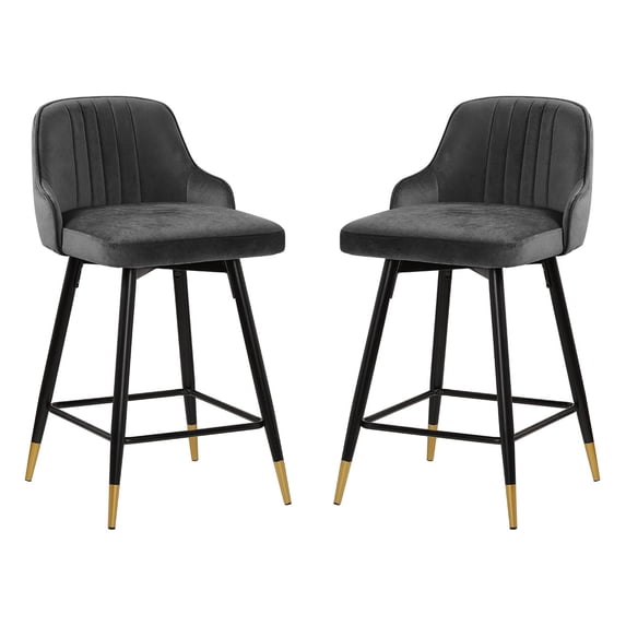 Swivel Bar Stool with Low Back Set of 2, 29 Inch Counter Bar Height Stool Velvet Upholstered Armless Heavy Duty Bar Chair for Kitchen Island Dining Room, Gray
