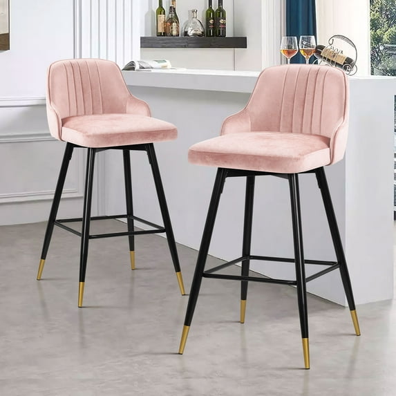 Swivel Bar Stool with Low Back Set of 2, 29 Inch Counter Bar Height Stool Velvet Upholstered Armless Heavy Duty Bar Chair for Kitchen Island Dining Room, Pink
