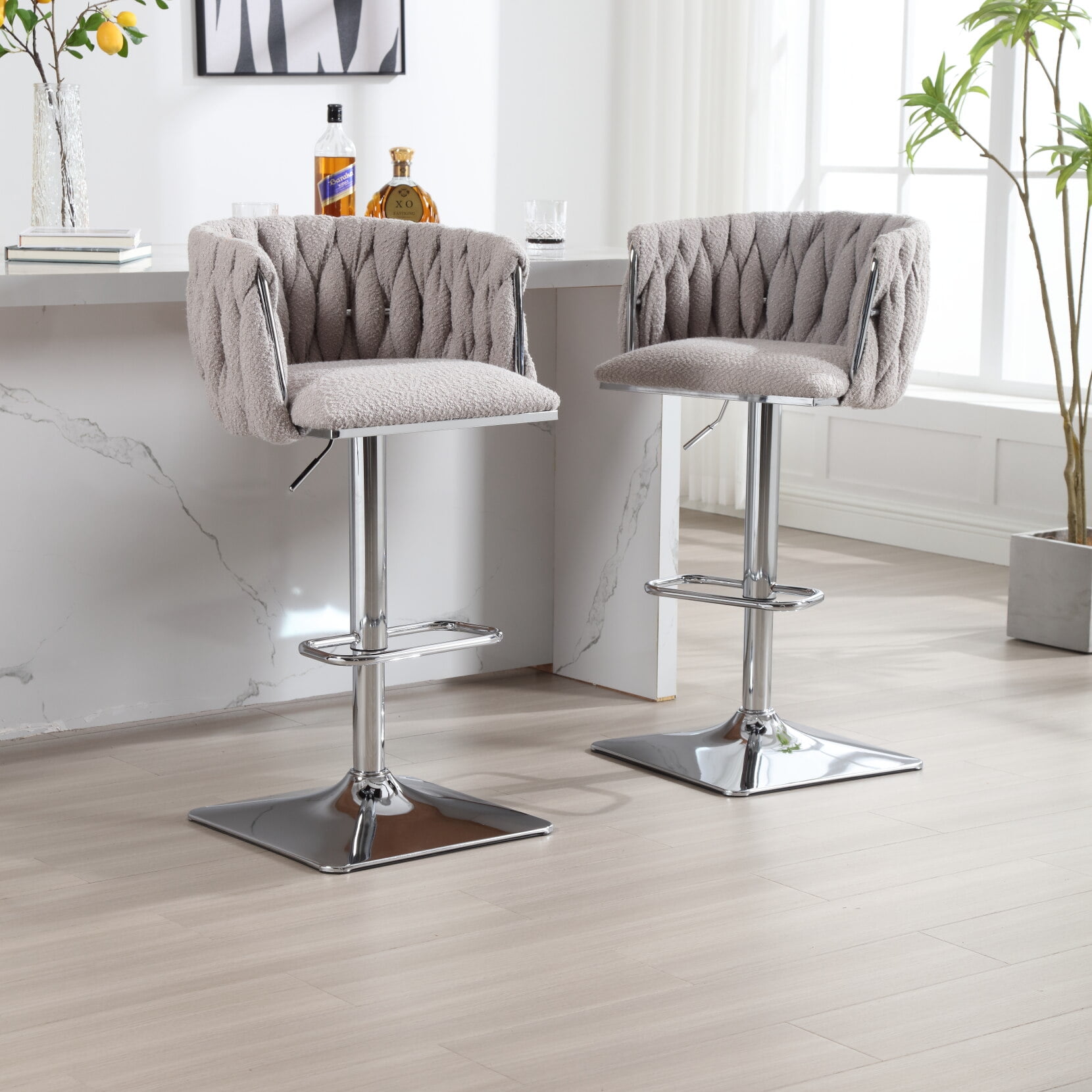 Swivel Bar Stool Set of 2 Adjustable Counter Height Barstool with Silver Leg Modern Dining Chair with Woven Back Upholstered Bar Stools for