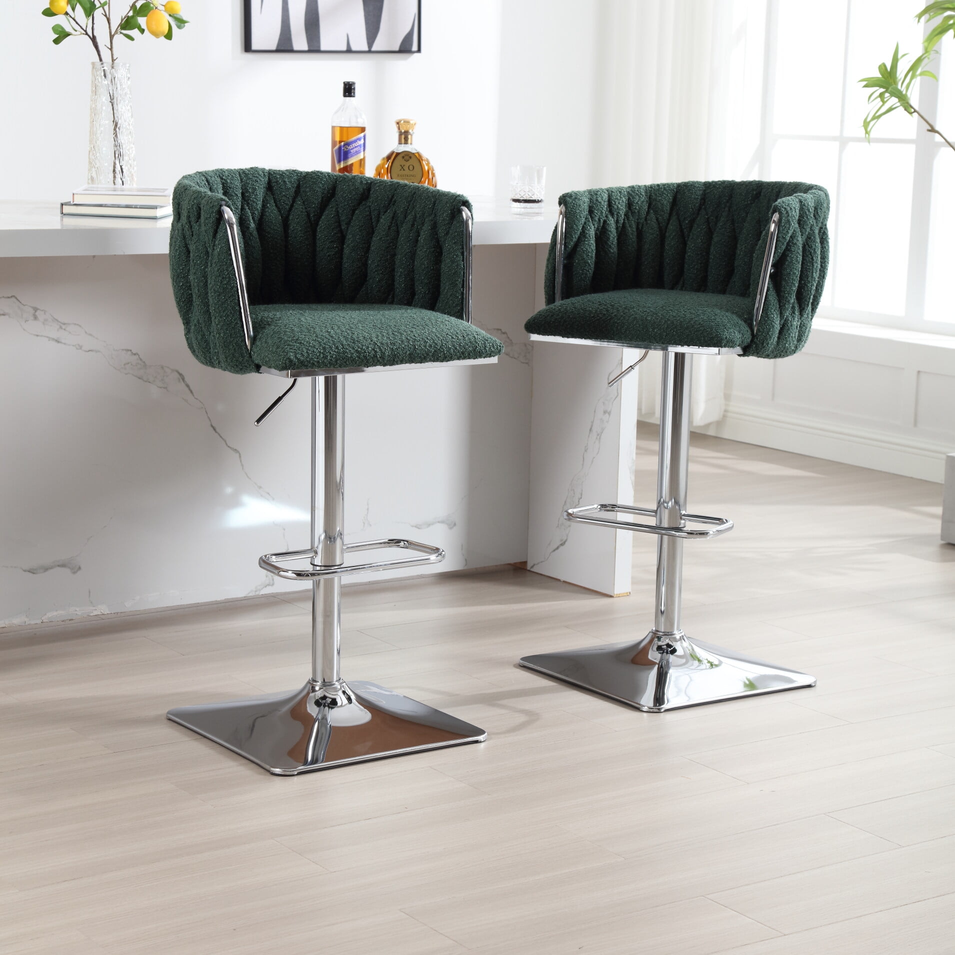 Swivel Bar Stool Set of 2 Adjustable Counter Height Barstool with Silver Leg Modern Dining Chair with Woven Back Upholstered Bar Stools for