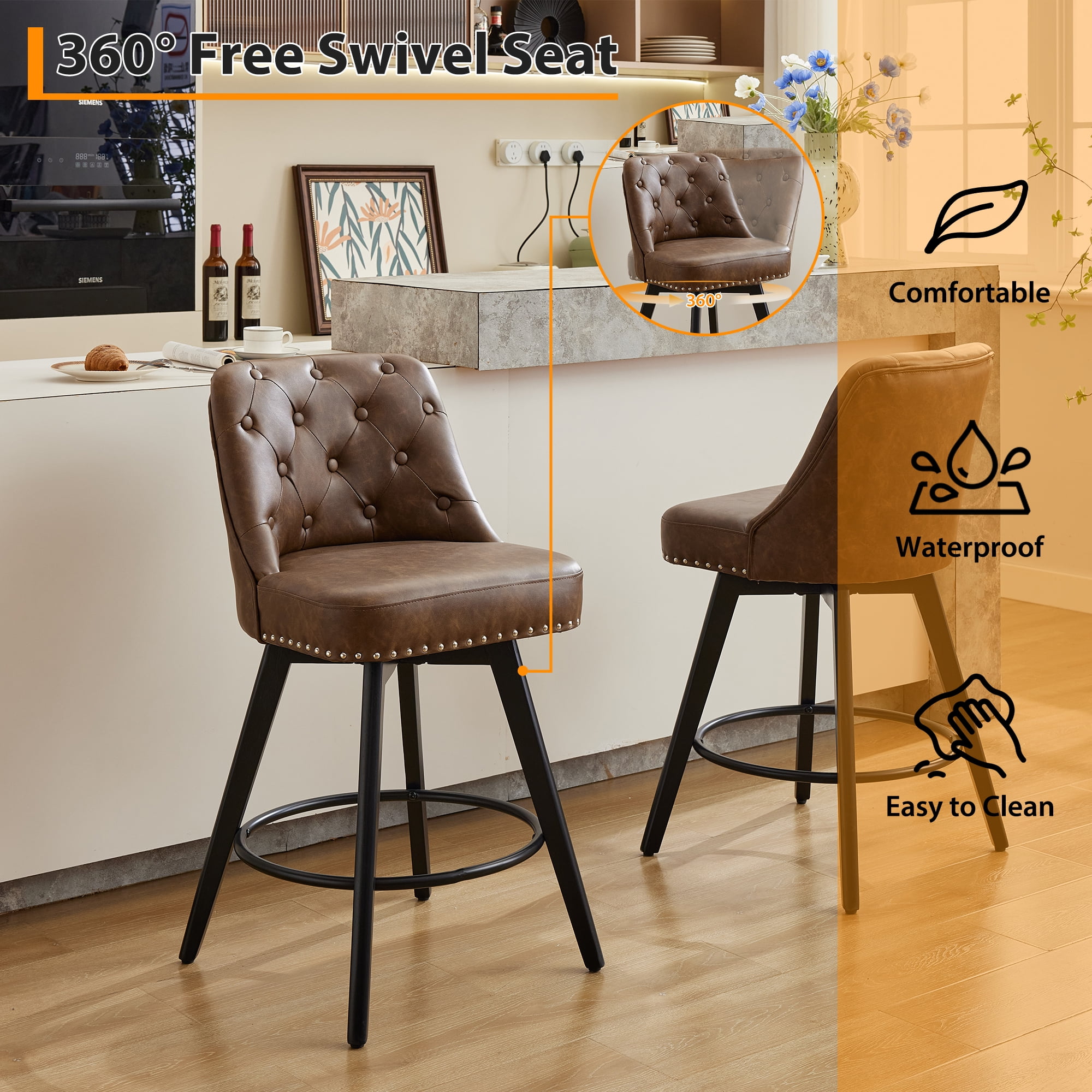Swivel Bar Stool Set of 2, Modern Gray Barstool, Counter Height Stool ...