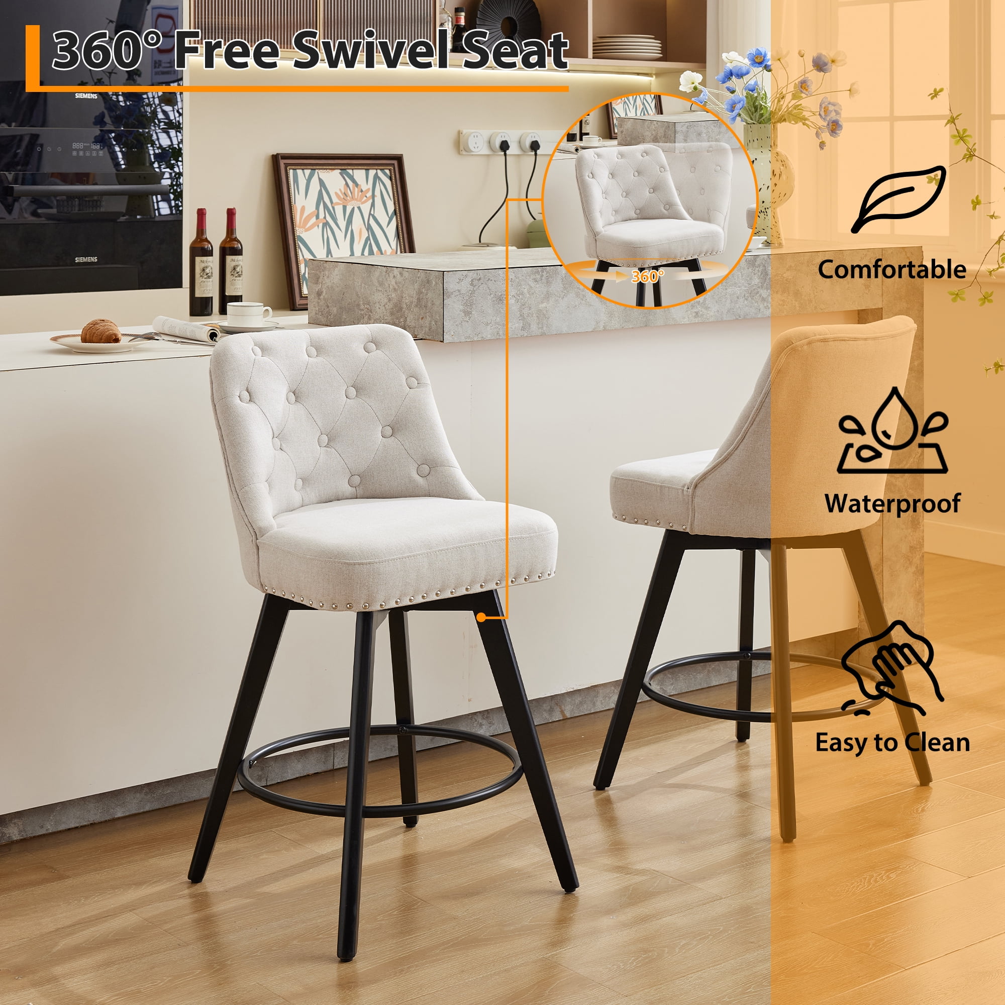 Swivel Bar Stool Set of 2, Modern Gray Barstool, Counter Height Stool ...